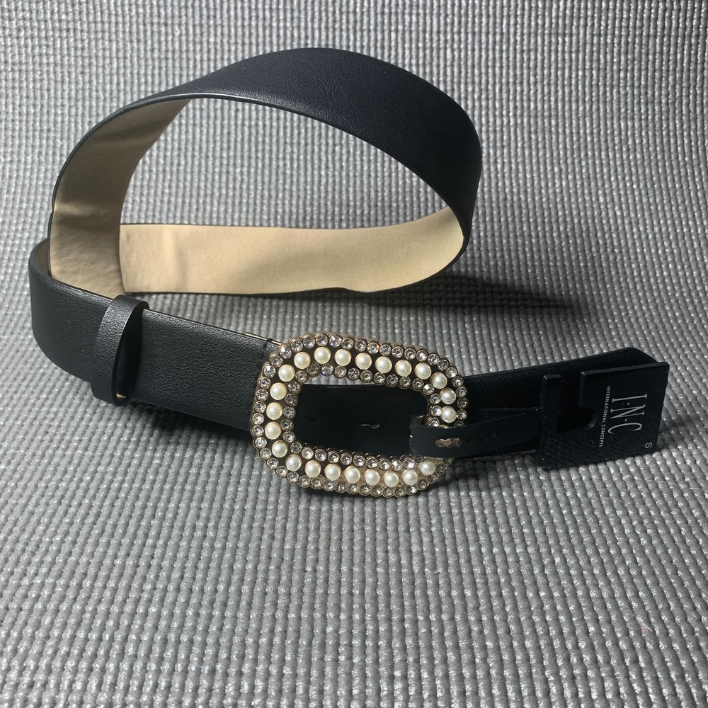 INC International Concepts Womens Belt Small Black Gold Embellished Buckle Bling